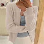 Beige Women's Crew Neck Knit Cardigan with Button Front & Ribbed Cuffs