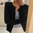 Black Women's Crew Neck Knit Cardigan with Button Front & Ribbed Cuffs — Vivienne