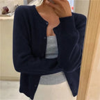 Dark Blue Women's Crew Neck Knit Cardigan with Button Front & Ribbed Cuffs - Mirror Selfie