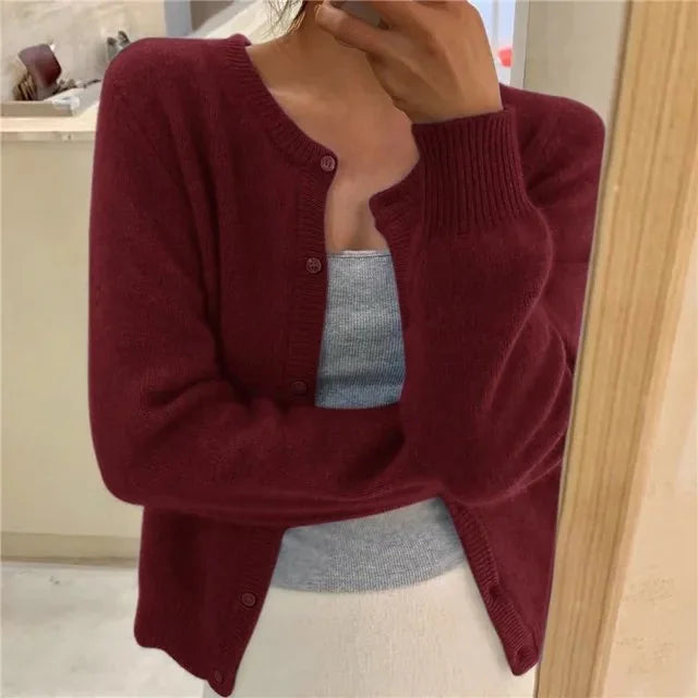 Dark Red Women's Crew Neck Knit Cardigan with Button Front & Ribbed Cuffs - Close Up Buttons
