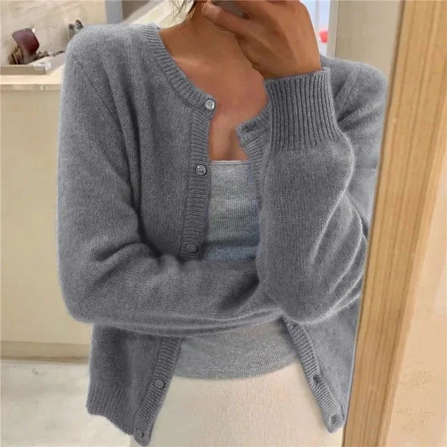 Grey Women's Crew Neck Knit Cardigan with Button Front & Ribbed Cuffs — Vivienne