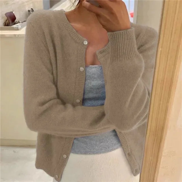 Khaki Women's Crew Neck Knit Cardigan with Button Front & Ribbed Cuffs — Vivienne - Front View