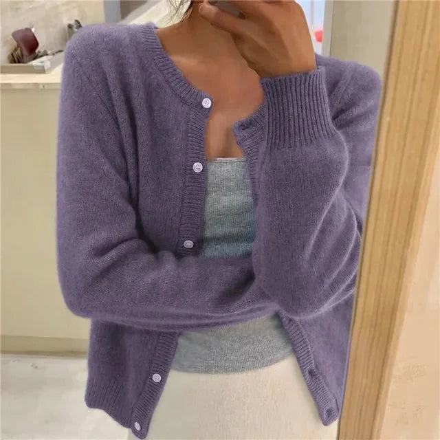 Purple Women's Crew Neck Knit Cardigan with Button Front & Ribbed Cuffs