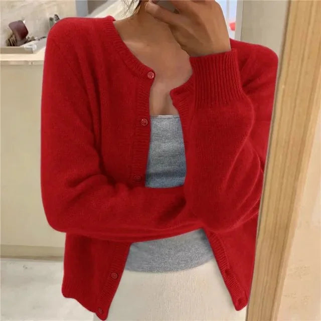 Red Women's Crew Neck Knit Cardigan with Button Front & Ribbed Cuffs — Vivienne