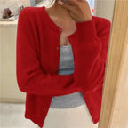 Red Women's Crew Neck Knit Cardigan with Button Front & Ribbed Cuffs — Vivienne