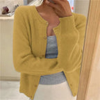 Yellow Women's Crew Neck Knit Cardigan with Button Front & Ribbed Cuffs