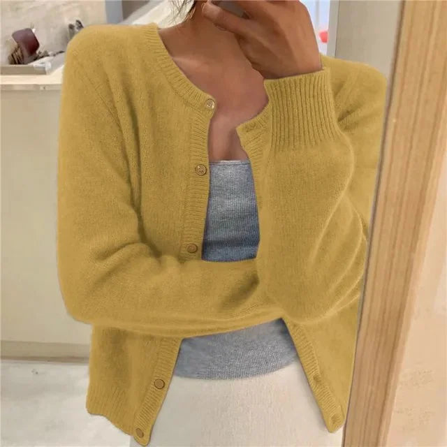 Yellow Women's Crew Neck Knit Cardigan with Button Front & Ribbed Cuffs