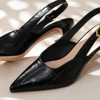 Black Women's Croc Kitten Heels with Cushioned Insole & Slingback Strap — Tara - Close Up Heel Strap