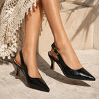 Black Women's Croc Kitten Heels with Cushioned Insole & Slingback Strap — Tara - Worn Lifestyle Side