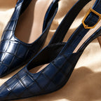 Blue Women's Croc Kitten Heels with Cushioned Insole & Slingback Strap — Tara - Close Up Buckle Detail