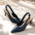 Blue Women's Croc Kitten Heels with Cushioned Insole & Slingback Strap — Tara