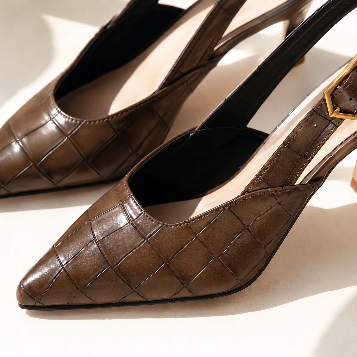 Brown Women's Croc Kitten Heels with Cushioned Insole & Slingback Strap — Tara - Close Up Textured Toe