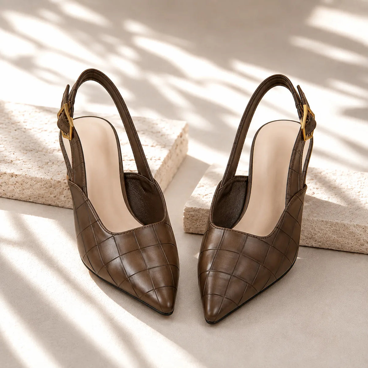 Brown Women's Croc Kitten Heels with Cushioned Insole & Slingback Strap — Tara