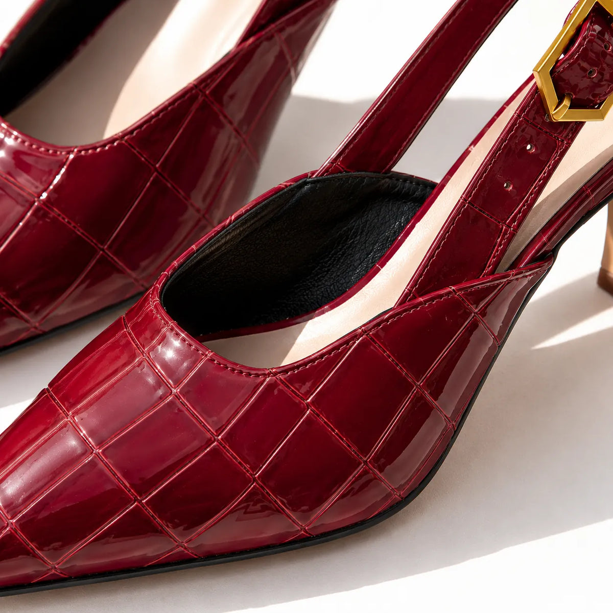 Red Women's Croc Kitten Heels with Cushioned Insole & Slingback Strap — Tara - Close Up Toe Strap