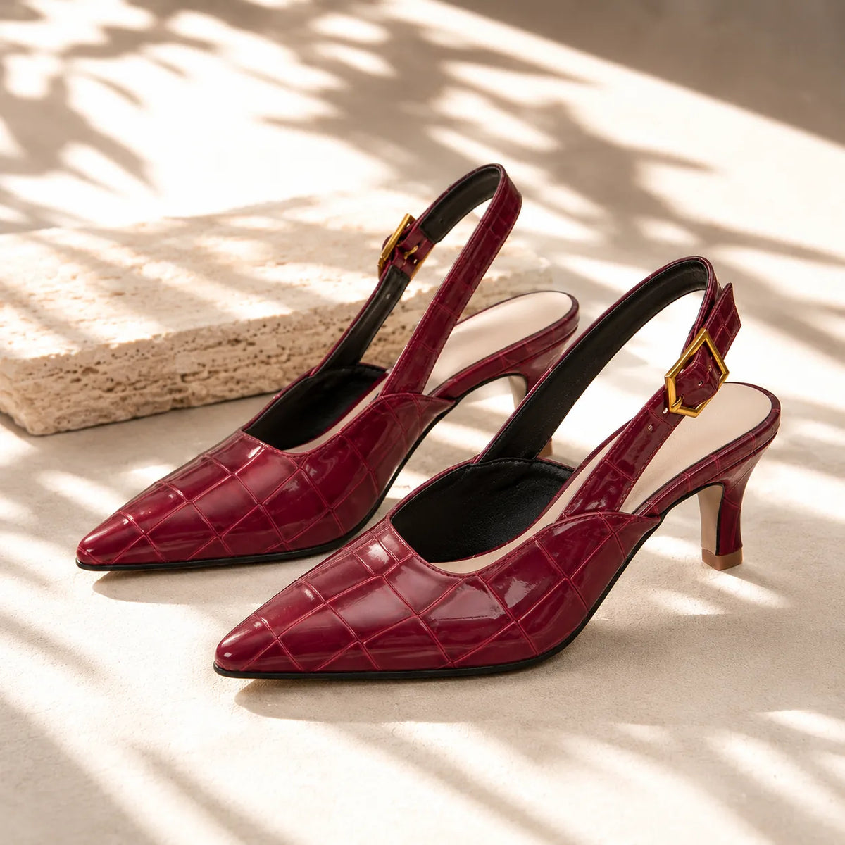 Red Women's Croc Kitten Heels with Cushioned Insole & Slingback Strap — Tara
