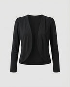 Black Women's Cropped Bolero Blazer — Delaney Tailored Shawl Collar Open-Front - Studio Flat