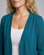 Turquoise Women's Cropped Bolero Blazer — Delaney Tailored Shawl Collar Open-Front - Close Up Collar