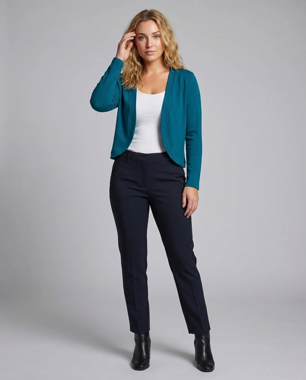 Turquoise Women's Cropped Bolero Blazer — Delaney Tailored Shawl Collar Open-Front - Front Full