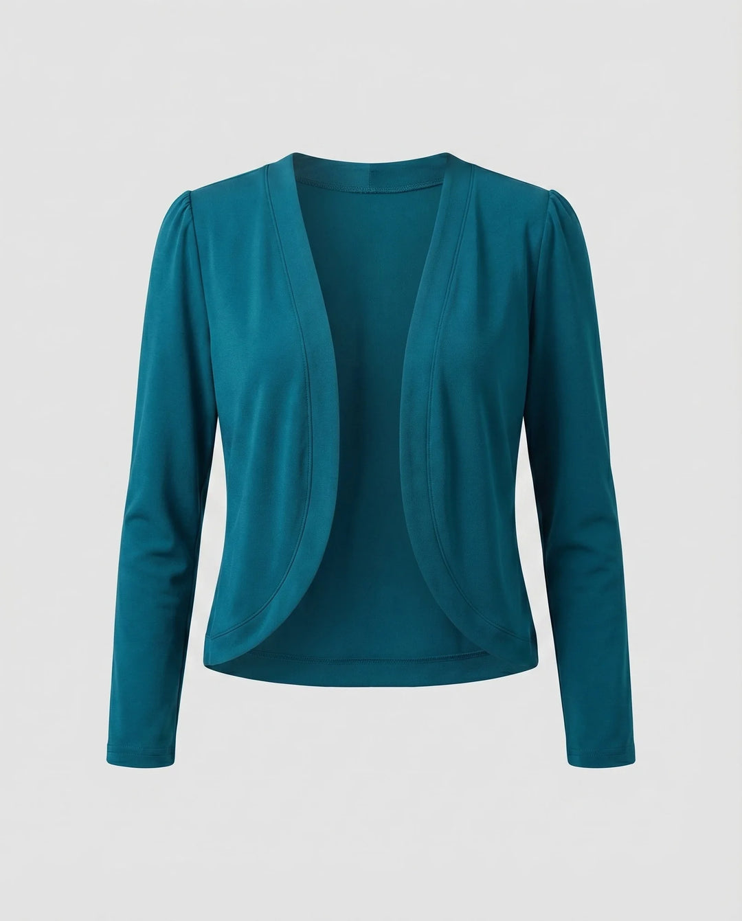 Turquoise Women's Cropped Bolero Blazer — Delaney Tailored Shawl Collar Open-Front - Studio Flat Teal