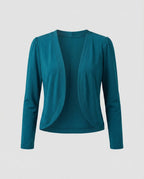Turquoise Women's Cropped Bolero Blazer — Delaney Tailored Shawl Collar Open-Front - Studio Flat Teal