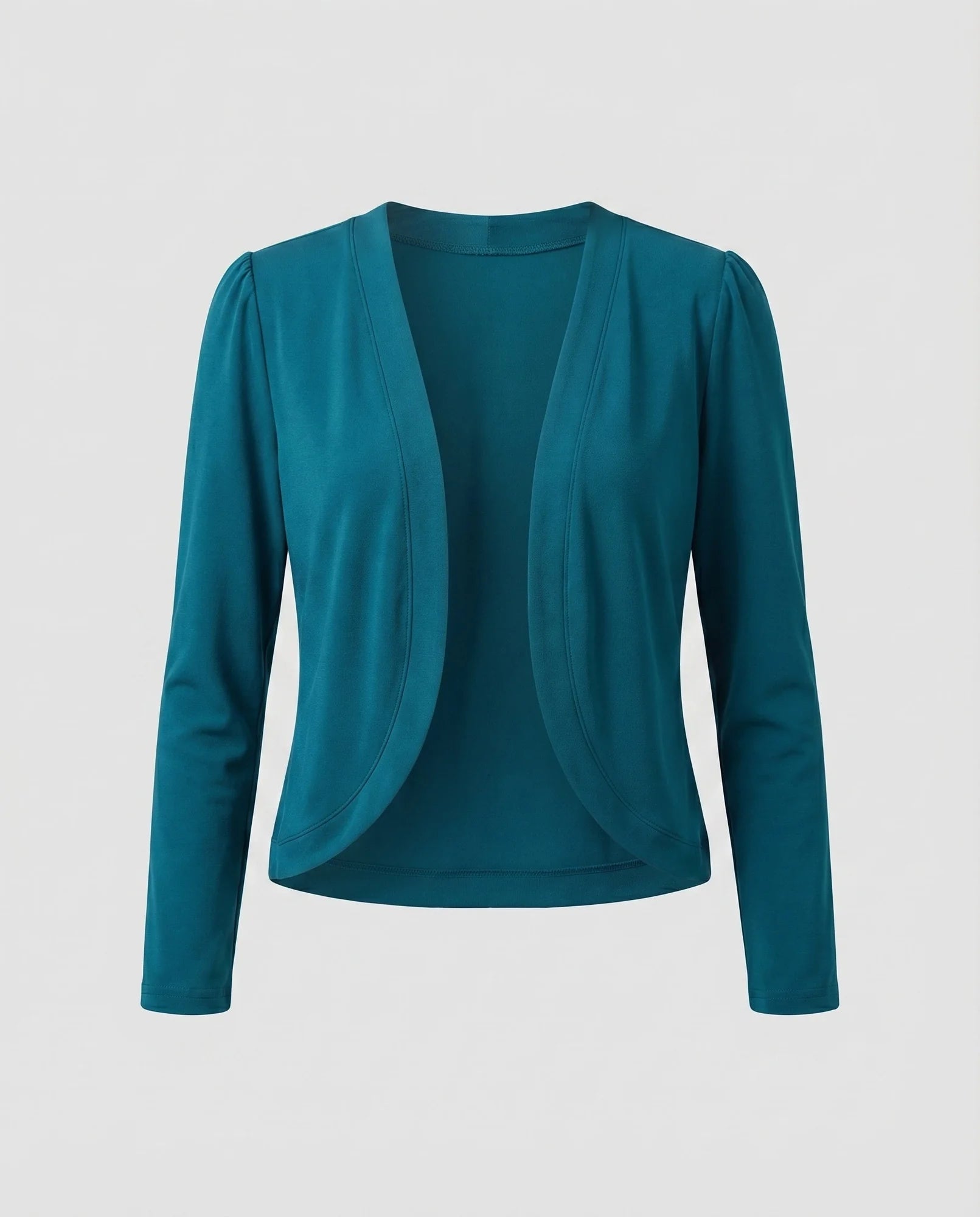 Turquoise Women's Cropped Bolero Blazer — Delaney Tailored Shawl Collar Open-Front - Studio Flat Teal