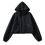 Black Women's Cropped Rain Jacket with Hooded Design & Elastic Cuffs