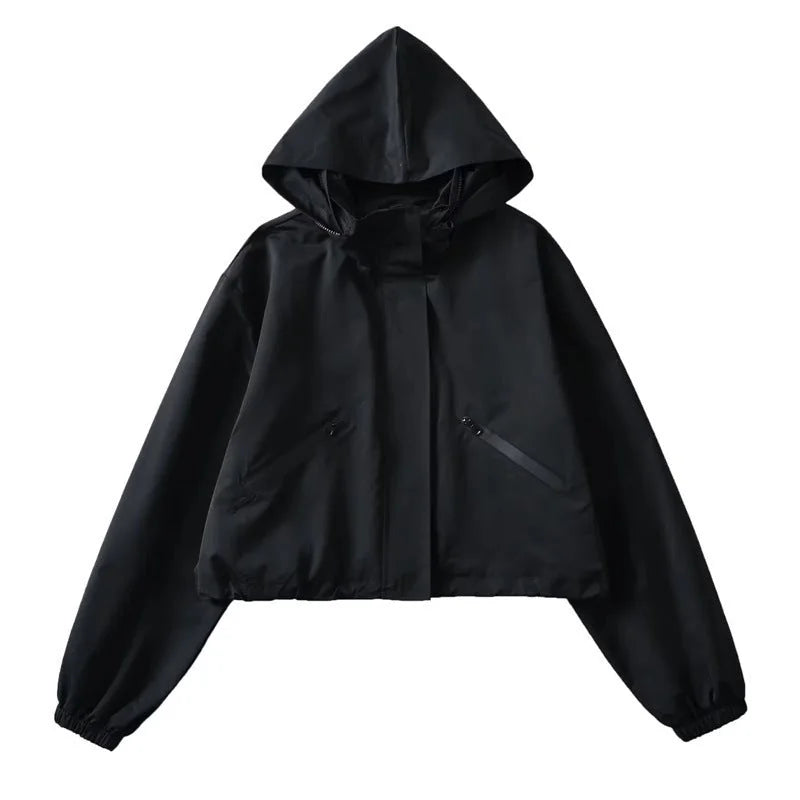 Black Women's Cropped Rain Jacket with Hooded Design & Elastic Cuffs
