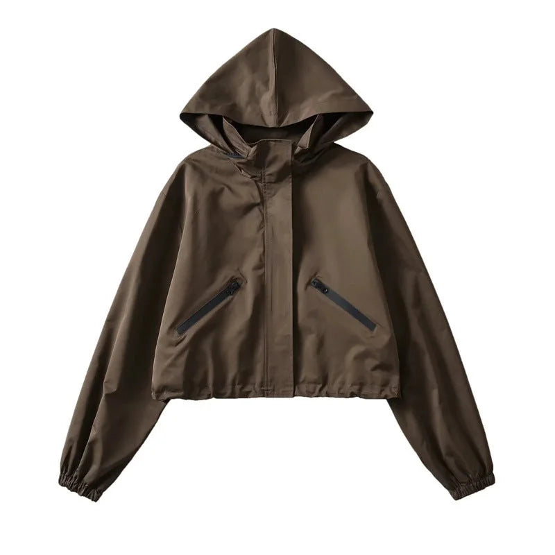 Women's Cropped Rain Jacket with Hooded Design & Elastic Cuffs - Front Studio