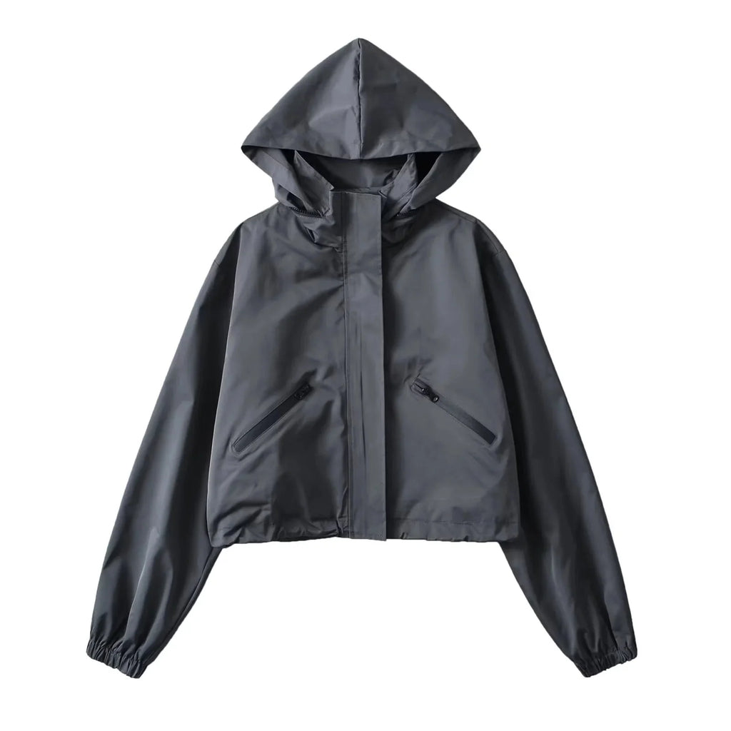 Women's Cropped Rain Jacket with Hooded Design & Elastic Cuffs - Gray Front Full