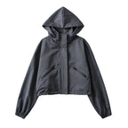 Women's Cropped Rain Jacket with Hooded Design & Elastic Cuffs - Gray Front Full