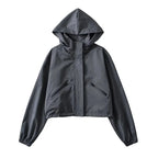 Charcoal Gray Women's Cropped Rain Jacket with Hooded Design & Elastic Cuffs - Front Studio