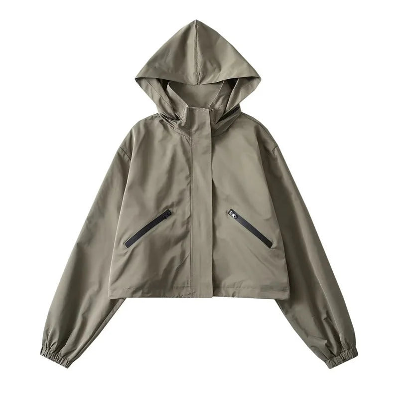 Copper Green Women's Cropped Rain Jacket with Hooded Design & Elastic Cuffs - Front Studio Olive