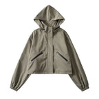 Copper Green Women's Cropped Rain Jacket with Hooded Design & Elastic Cuffs - Front Studio Olive