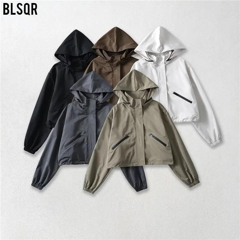 Women's Cropped Rain Jacket with Hooded Design & Elastic Cuffs - Flat Lay Colors