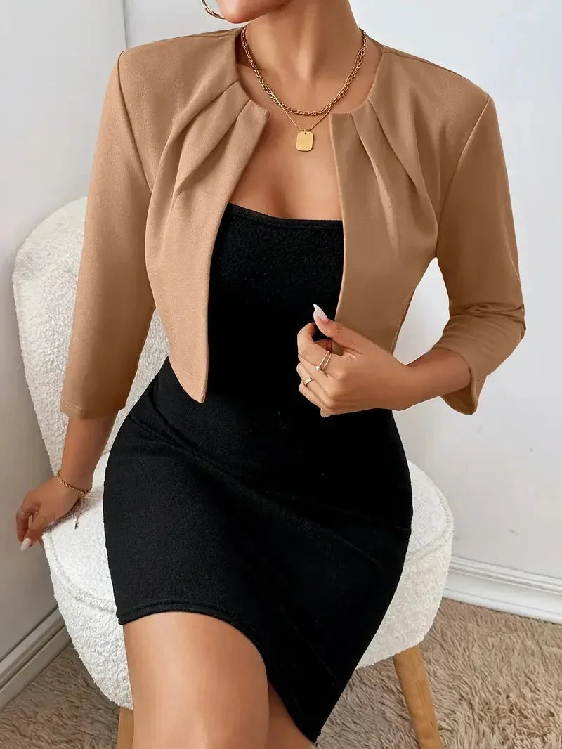 Khaki Women's Cropped Blazer — Willow Open-Front Pleated Three-Quarter Sleeve - Seated Pose