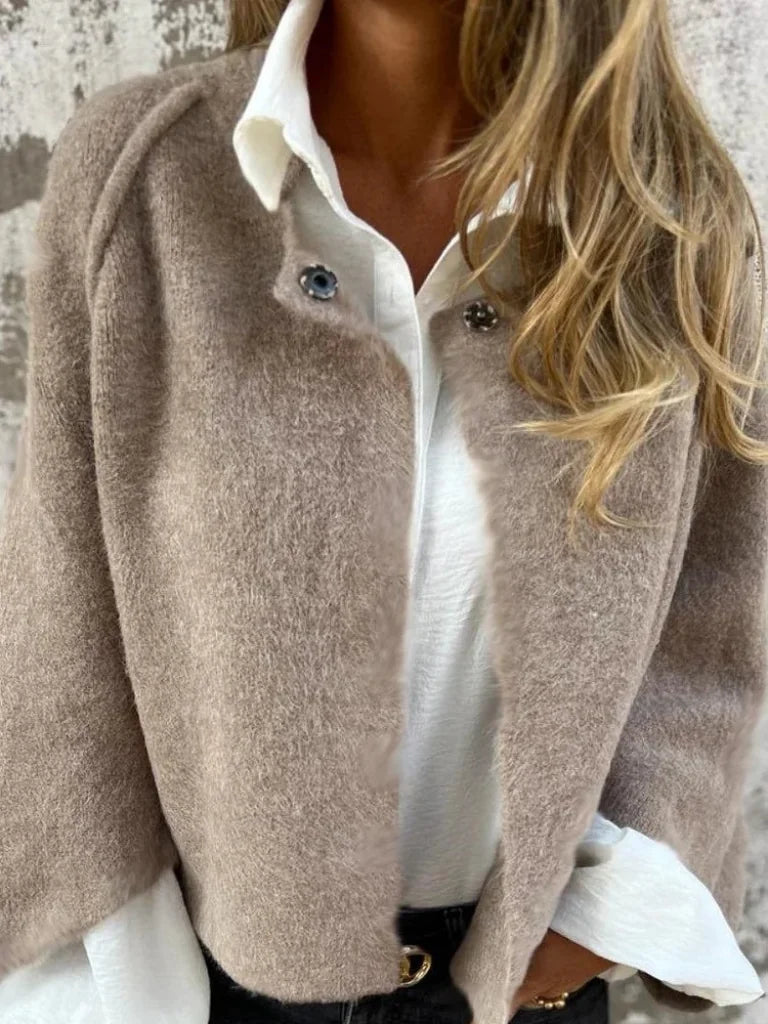 Beige Women's Cropped Cardigan — Odette Brushed Knit Button-Front Layered - Close Up Collar Buttons