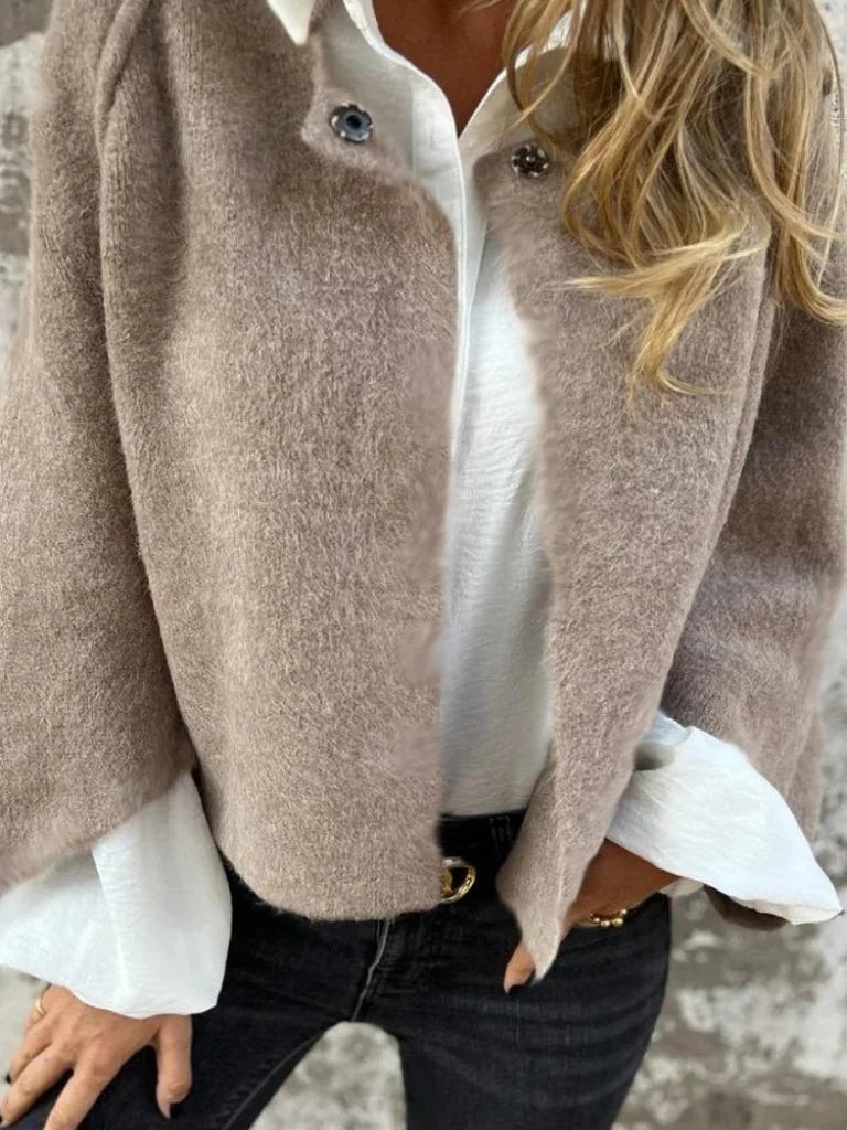 Beige Women's Cropped Cardigan — Odette Brushed Knit Button-Front Layered - Close Up Cuff Detail