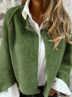 Green Women's Cropped Cardigan — Odette Brushed Knit Button-Front Layered - Close Up Neckline