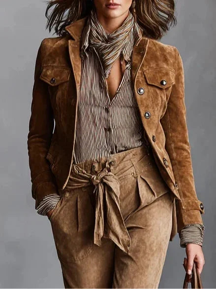 Brown Women's Cropped Suede Coat with Button Front & Relaxed Fit — Meredith