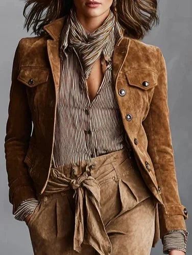 Cognac Women's Cropped Suede Coat with Button Front & Relaxed Fit — Meredith - Front Detail