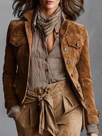 Cognac Women's Cropped Suede Coat with Button Front & Relaxed Fit — Meredith - Front Detail