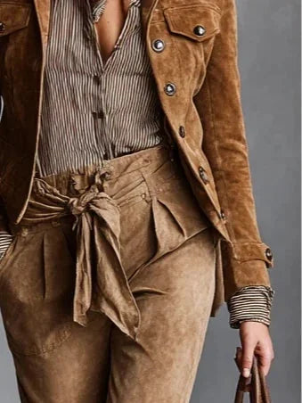 Cognac Women's Cropped Suede Coat with Button Front & Relaxed Fit — Meredith - Waist Tie Detail