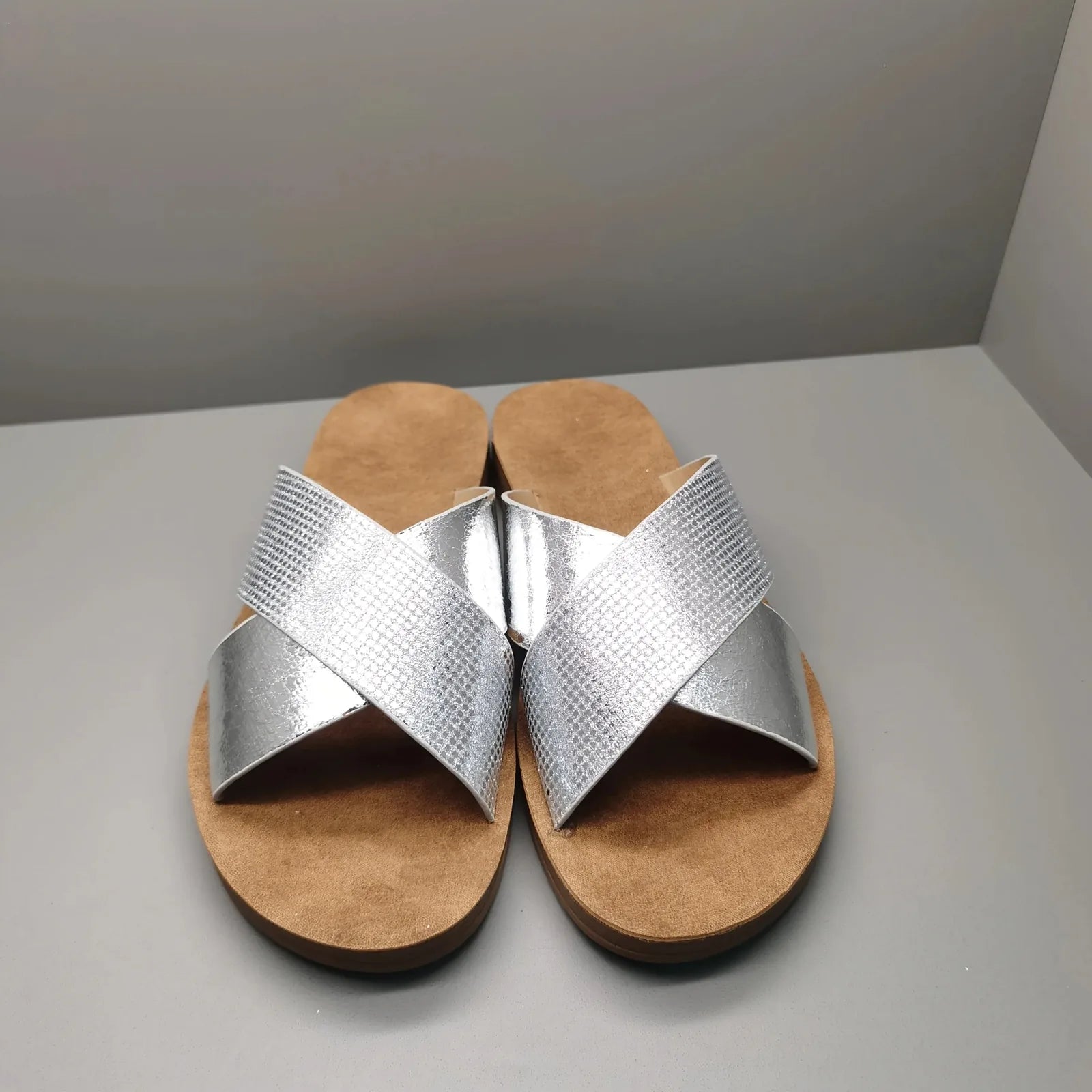 Silver Women's Cross Strap Sandals — Nellie Metallic Silver Platform - Front Pair