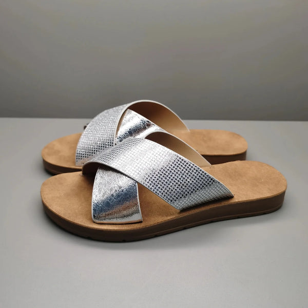 Silver Women's Cross Strap Sandals — Nellie Metallic Silver Platform - Side Angle