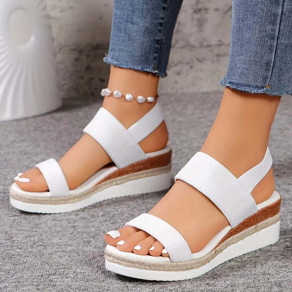 White Women's Cross Strap Platform Sandals — Naomi White Espadrille Wedge - Front Full