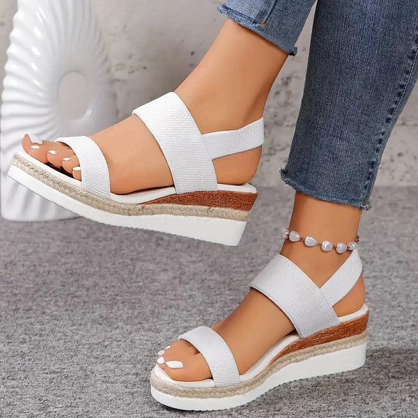 White Women's Cross Strap Platform Sandals — Naomi White Espadrille Wedge - Side Detail