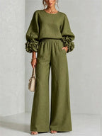 Army Green Women's Floral Cuff Set with Balloon Sleeves & Wide-Leg Pants