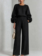 Black Women's Floral Cuff Set with Balloon Sleeves & Wide-Leg Pants