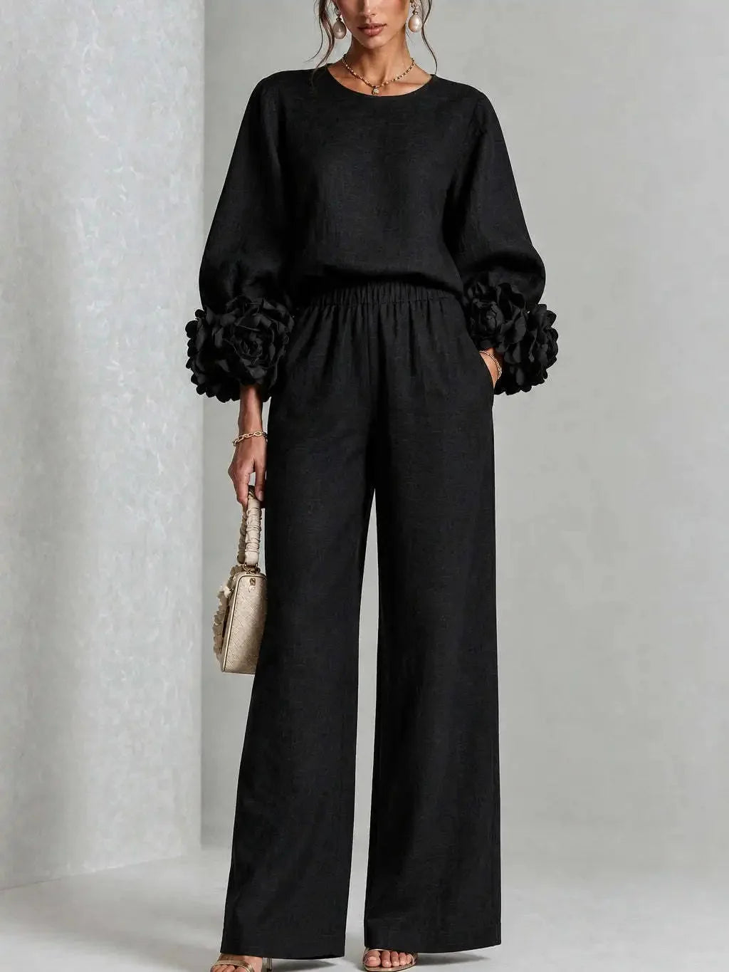 Black Women's Floral Cuff Set with Balloon Sleeves & Wide-Leg Pants