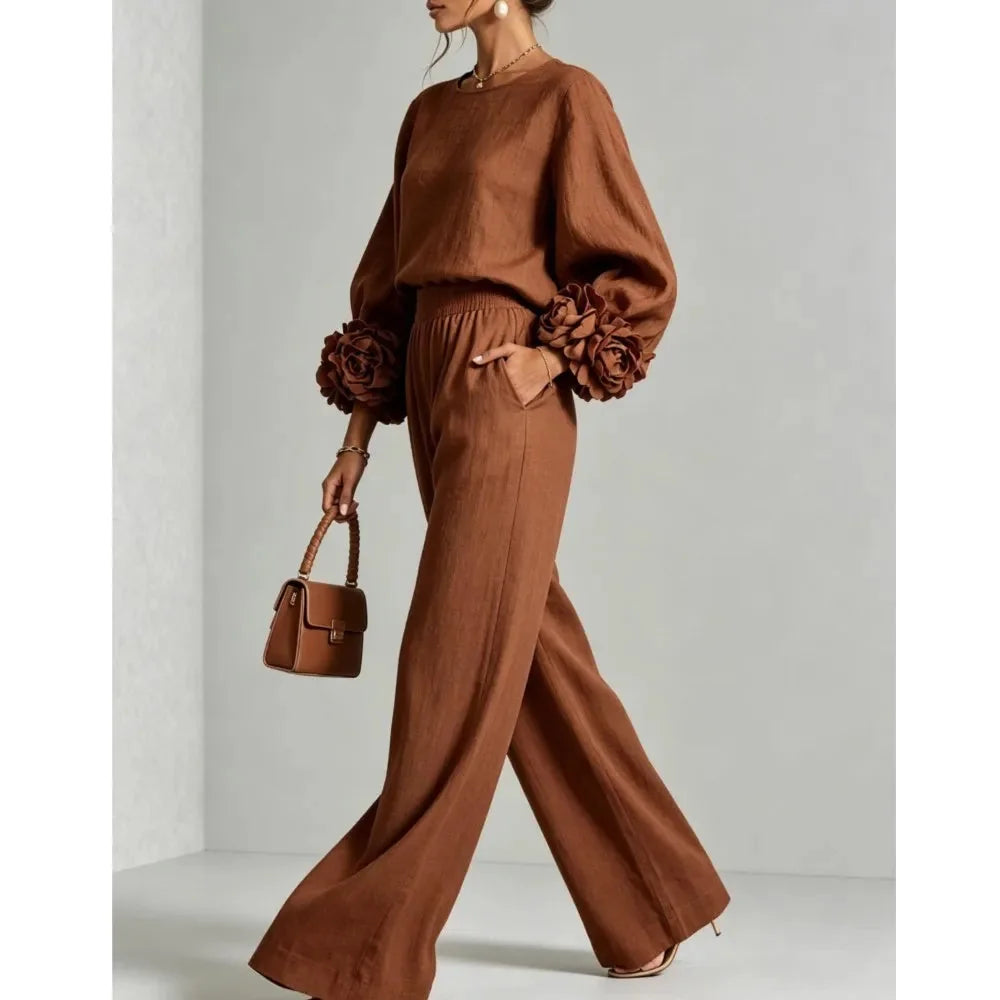 Dark Brown Women's Floral Cuff Set with Balloon Sleeves & Wide-Leg Pants